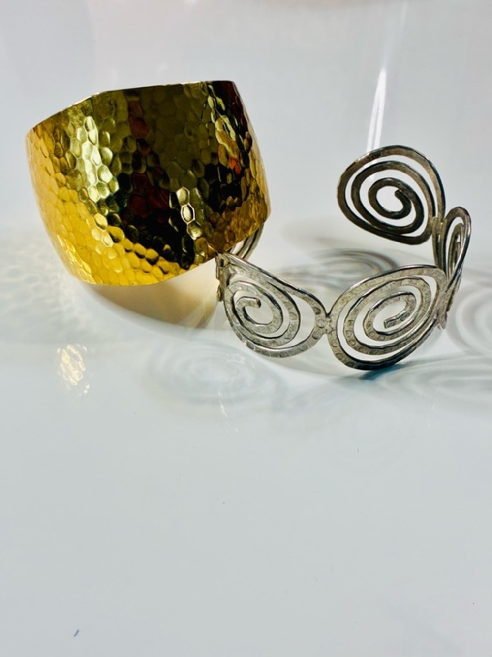 Hammered Gold Wide Stackable Cuff and Silver Tone Swirling Arm Cuff Lot of 2